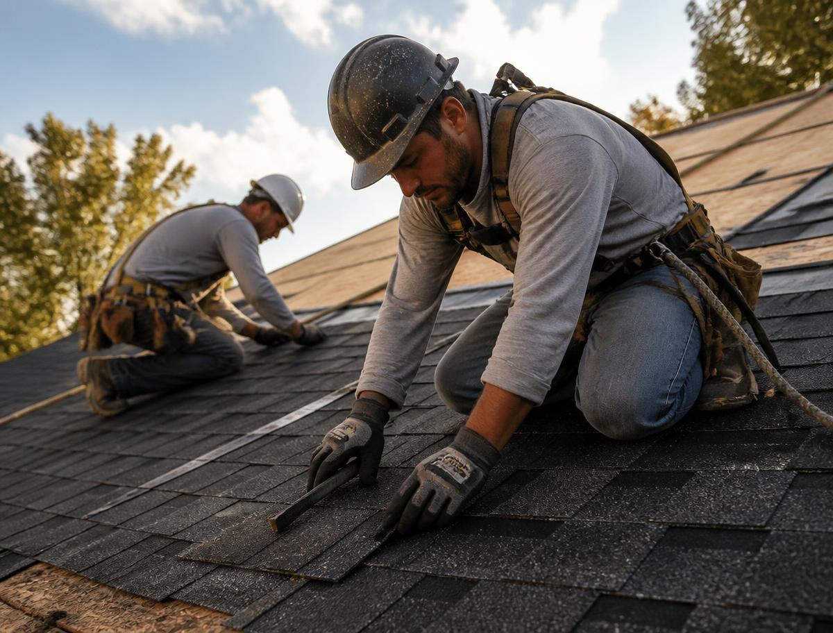 Oates Roofing crew installing shingles